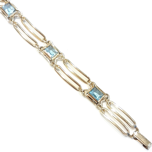Sturdy 12K Gold Filled Blue Glass Faux Topaz Art Deco Vintage Bracelet 40s 50s - Picture 8 of 16